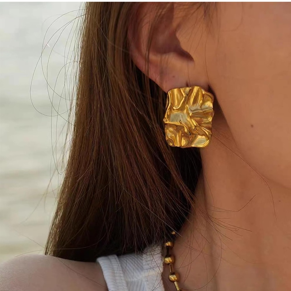Gold Rectangular Wrinkle Earrings (3422) - image 1